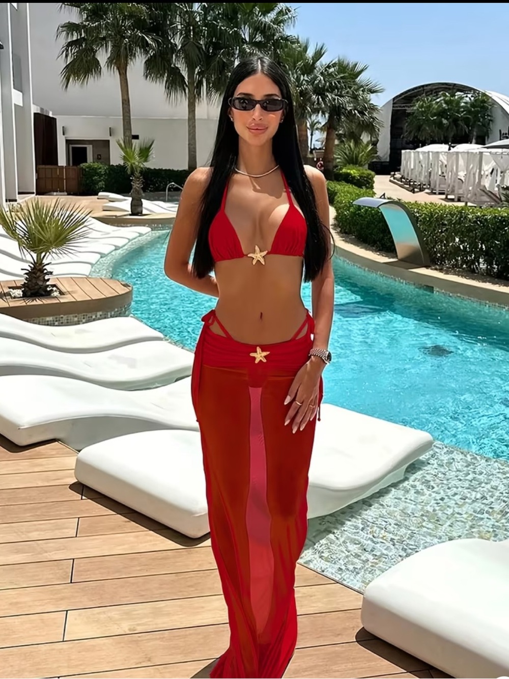 Star Accent Red Triangle Bikini with Sheer Sarong